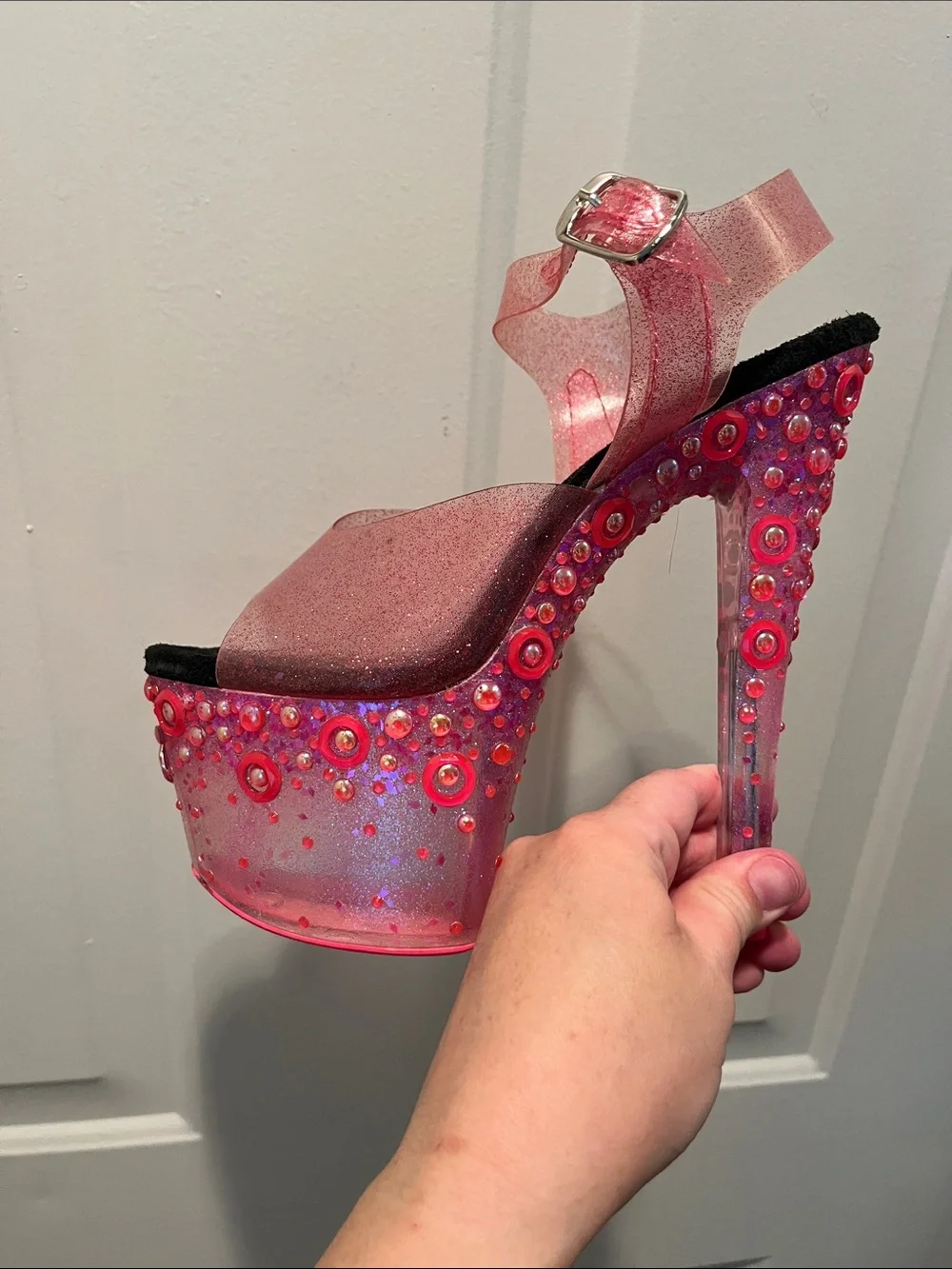 Sexy Pleaser Pink Glitter Platform Heels with Ankle Strap👠👠